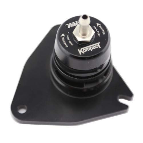 Turbosmart Kompact Dual Port BOV mounted on black bracket, top angle showing vent outlet and adjuster labels