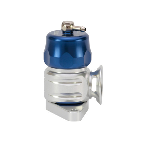 Turbosmart BOV Supersonic Mazda/Subaru in blue, angled side view showing silver flange, ribbed body, and top hose barb fitting.