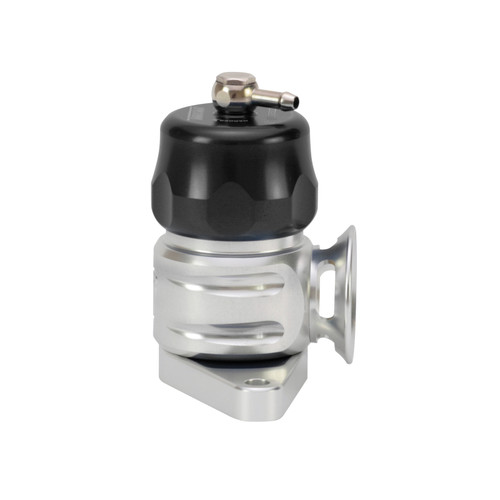 Turbosmart Supersonic BOV in black and silver, side angle showing hose barb fitting and mounting flange.