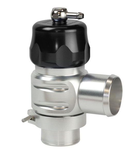 Turbosmart BOV Plumb Back Uni 32mm Black, side view showing top pneumatic port, side outlet and hose clamp.