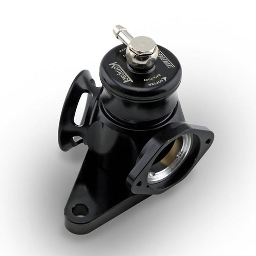 Turbosmart BOV Kompact Dual Port for 01-05 Subaru WRX, angled top view showing flange, ports, and adjuster cap.