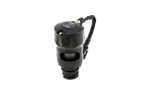 Turbosmart Vee Port BOV in black, angled view showing top cap, hose barb and vented body for Ford EcoBoost
