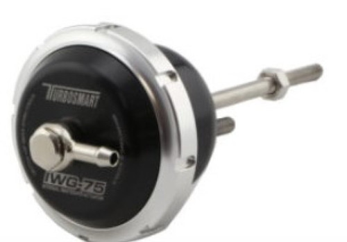 Turbosmart IWG75 wastegate actuator, black canister, chrome band, side mounted rod and fittings visible