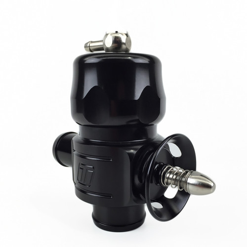 Turbosmart Subaru WRX Smart Port BOV in black, front angle showing vacuum fitting and flange port