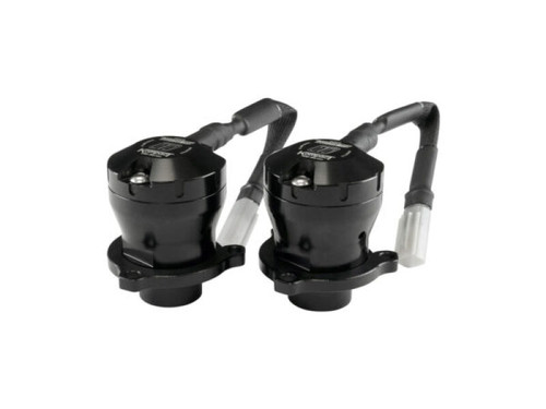 Turbosmart Kompact EM plumb back BOVs, pair, black bodies with hoses and fittings, front angle view