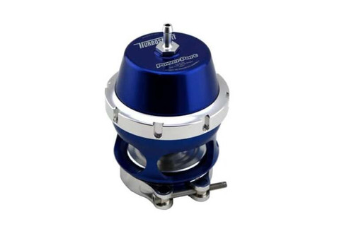 Turbosmart BOV Power Port in blue, angled view showing top inlet, clamp band and lower flange.
