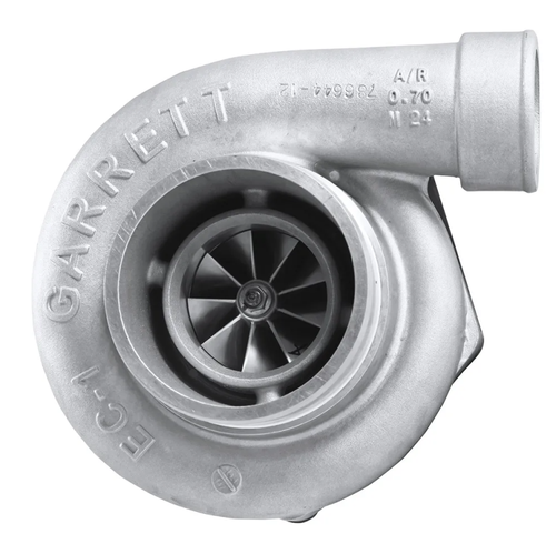Garrett GTW3684 Super Core CHRA turbo, side view showing compressor wheel, housing and outlet flange