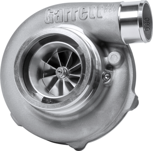 Garrett GTW3684R turbo core, front angle showing compressor wheel, housing and outlet flange