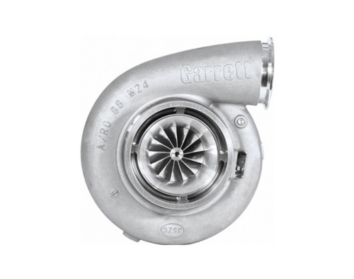 Garrett GTX5020 Super Core Gen II turbo, front angle showing compressor wheel, housing and outlet flange