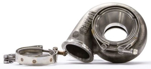 Garrett G25 turbine housing kit, 0.72 A/R, showing V-band inlet and outlet with clamps attached