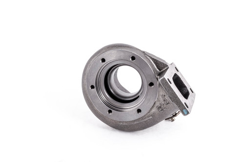 Garrett GT28R turbine housing, T25 flange with 5 bolt outlet, 0.86 A/R, angled front view
