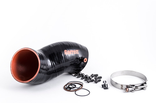 Garrett GTP38R turbo kit silicone elbow hose with bolts, o-rings and T-bolt clamp, angled view
