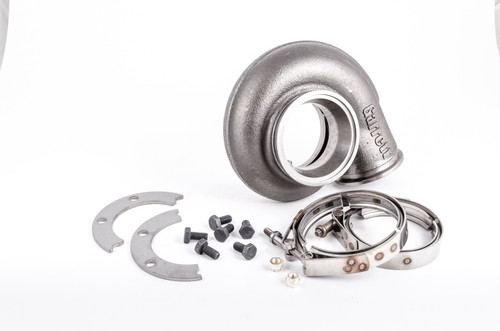 Garrett GT35R turbine housing kit, V-Band 1.01 A/R, with clamps, lock plates and mounting bolts shown
