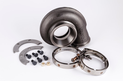 Garrett GT30R turbine housing kit, 0.83 A/R V-band, shown with clamps, brackets and mounting bolts