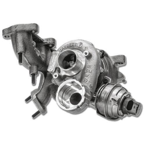Garrett GT1749V VNT turbo kit for VW 1.9L TDI BEW, angled view showing exhaust manifold, wastegate actuator and compressor housing