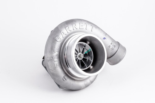 Garrett GTW3884 Super Core CHRA 715582-0009, angled top view showing compressor wheel and housing