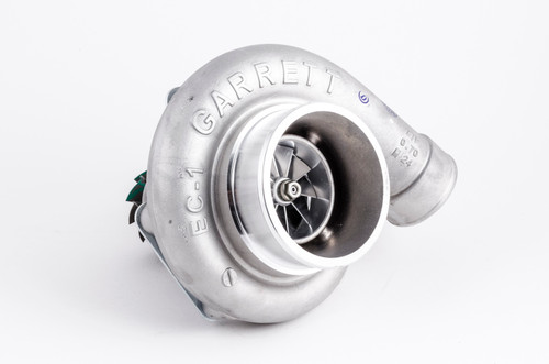 Garrett GTW3884R Super Core turbo CHRA, front angle showing compressor wheel, housing, and wastegate arm