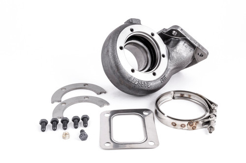 Garrett GT30R turbine housing kit with V-band flange, clamp, gasket, and mounting hardware on white background