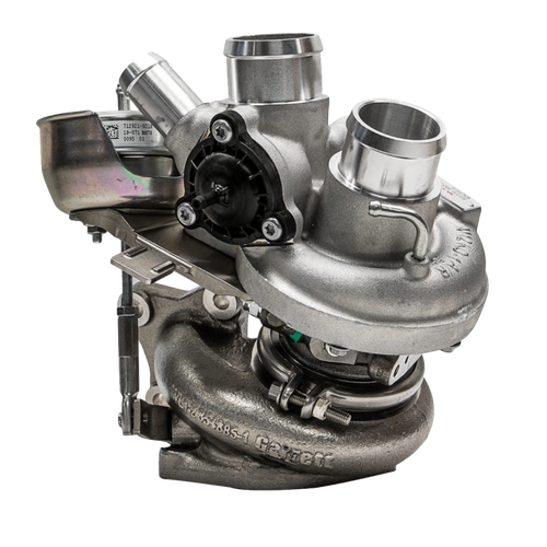 Garrett PowerMax turbocharger for 11-12 Ford F-150 3.5L EcoBoost, right side, angled view showing wastegate actuator and mounting bracket