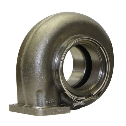 Garrett GTX55 turbine housing, 1.40 A/R, stainless steel, V-band inlet and outlet flanges shown at an angle