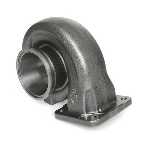 Garrett GT35R turbine housing, T4 flange with V-band outlet, 1.06 A/R cast iron, angled view