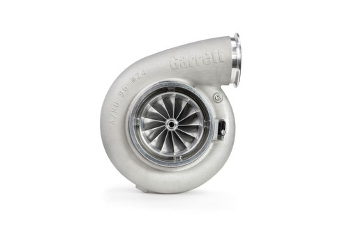 Garrett G57-2550 turbo, side angle showing 98mm compressor wheel, housing and inlet flange