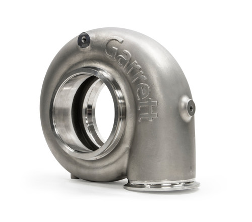 Garrett G57 turbine housing, 1.41 A/R, showing V-band inlet and outlet flanges, angled side view