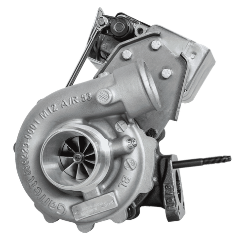 Garrett PowerMax GTB1752V turbo, side angle showing compressor wheel, actuator arm and mounting flange