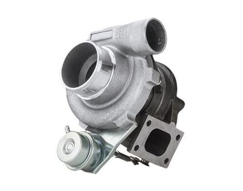 Garrett GT2871R turbocharger, side angle view showing compressor housing, exhaust flange and wastegate actuator.