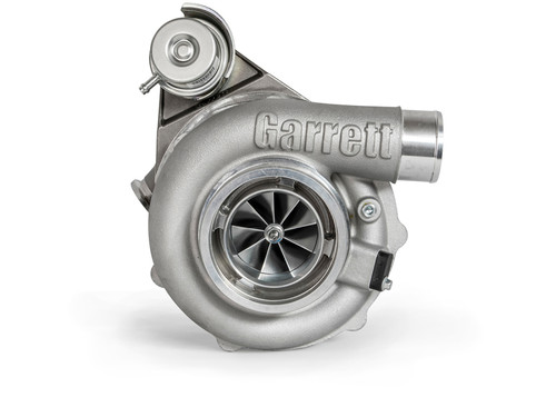 Garrett G30-900 turbocharger, front angle view showing compressor wheel, V-band inlet/outlet and wastegate actuator