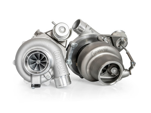 Garrett G35-1050 turbocharger, 0.83 A/R, V-band in/out, internal wastegate, front angle view showing compressor and turbine housings.