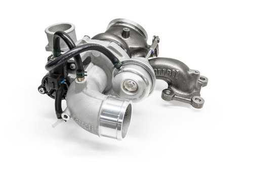 Garrett PowerMax turbocharger for Ford 2.0L EcoBoost, angled view showing actuator, hoses and exhaust flange