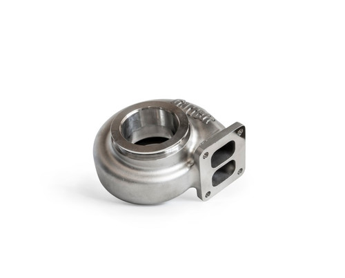 Garrett G45 turbine housing, T4 divided inlet flange and V-band outlet, angled front view