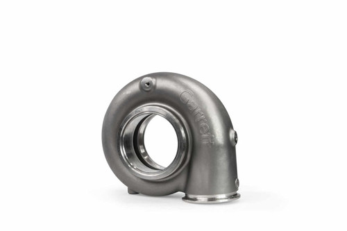 Garrett G55 turbine housing, 1.40 A/R T6, front angled view showing round inlet flange and V-band outlet.