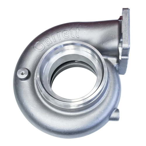 Garrett G47 turbine housing, 1.23 A/R, T6 flange with V-band inlet and outlet, angled view