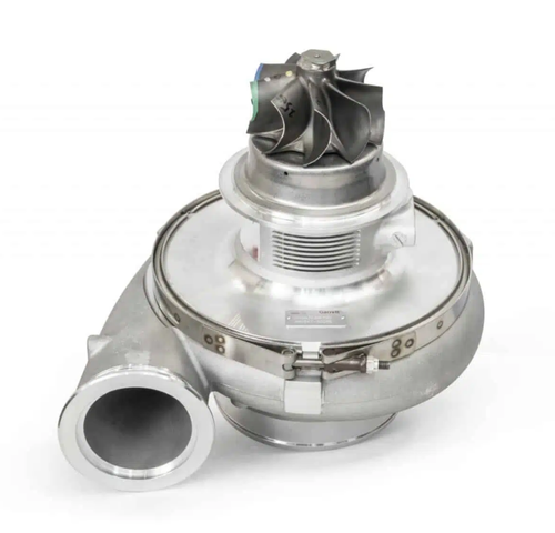 Garrett G50 turbine housing kit, 1.39 A/R T6, V-band in/out, side view showing compressor wheel and inlet flange