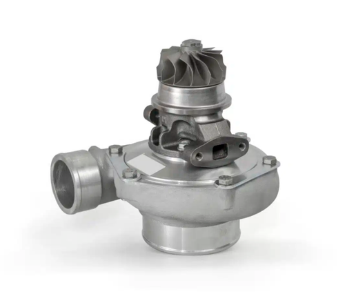 Garrett GBC35-700 super core, front angle showing turbine wheel, compressor housing, and mounting flange