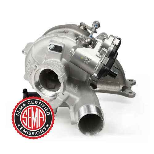 Garrett PowerMax GT2260S turbocharger for EA888 Evo4, angled view showing compressor housing, actuator, and SEMA certified badge