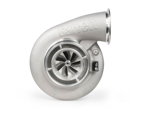 Garrett G-XRace GXR45-73 turbo, front angled view showing compressor wheel, housing and outlet flange