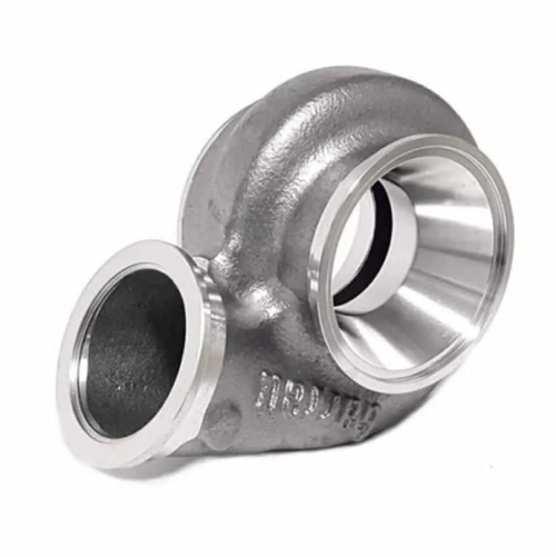 Garrett GTX3584RS turbine housing, cast steel, dual V-band flanges shown at an angle, 1.01 A/R