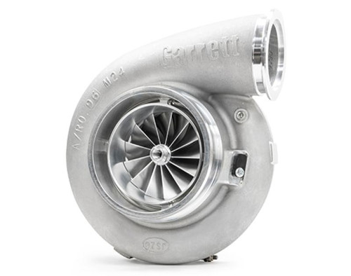 Garrett GTX5533R Super Core 98mm Gen II turbo, angled view showing compressor wheel, housing and clamp inlet