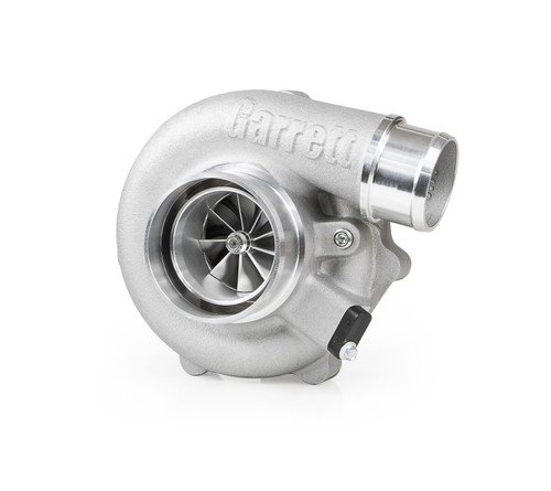 Garrett G25-585 turbocharger, front angled view showing compressor wheel, wastegate actuator, V-band outlet