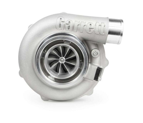 Garrett G30-825 turbocharger, front angle view showing compressor wheel, inlet and V-band outlet