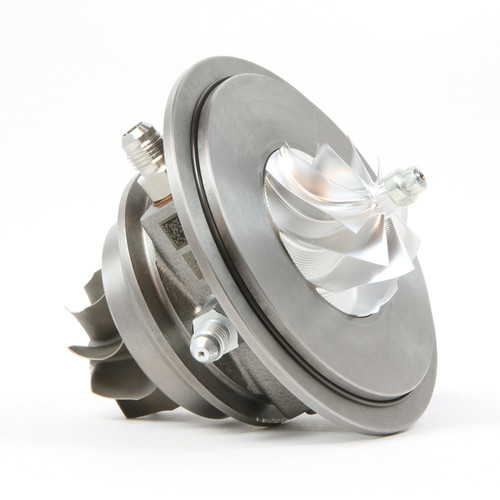 Garrett G30-725 reverse rotation CHRA, angled view showing billet compressor wheel and oil fittings