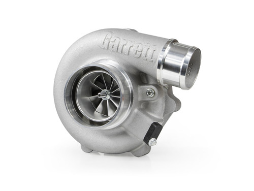 Garrett G30-825 reverse rotation supercore, front angle showing compressor wheel, inlet and polished outlet flange