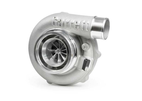 Garrett G35-990 reverse rotation turbo, front angle view showing compressor wheel and outlet pipe