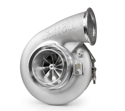 Garrett G45-1610 G-Series II Super Core turbo, side angle view showing compressor wheel, housing and oil fitting