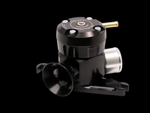 GFB Respons blow off valve kit for 99-00 WRX/STI, angled view showing top adjuster knob, brass fitting, and trumpet outlet