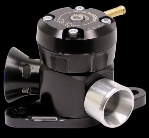 GFB Respons blow off valve, black anodized top mount, brass nipple, polished aluminum inlet, mounting flange visible