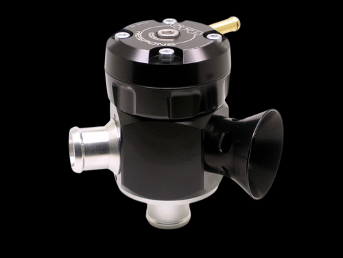 GFB Respons blow off valve, black top with vent trumpet, silver inlet flange, side angle view